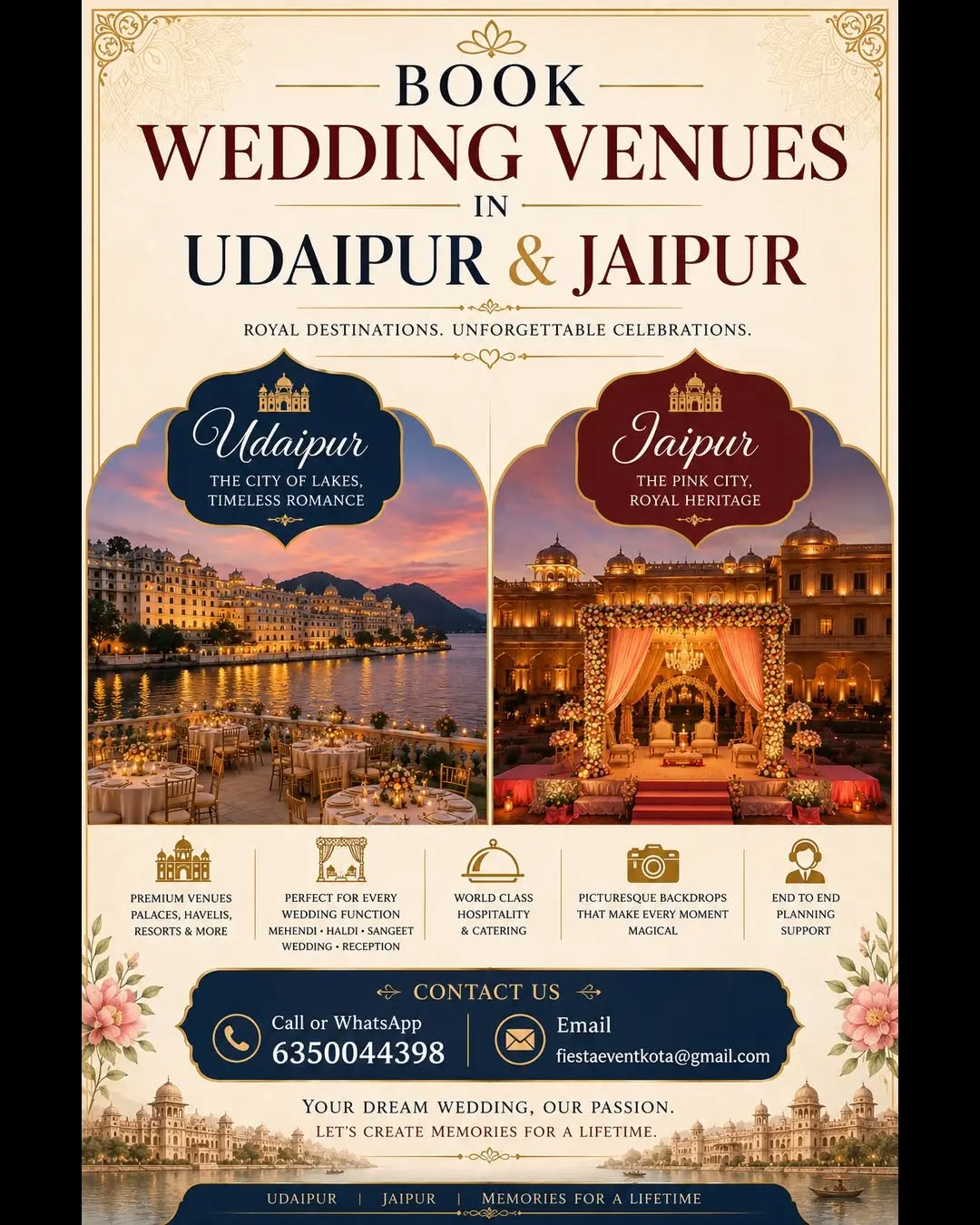 🏰 Book Your Dream Wedding Venue in Jaipur & Udaipur 🏰

Create unforgettable memories at Rajasthan's most beautiful wedding destinations. Let us find the perfect venue that matches your style and budget.

📲 WhatsApp: 6350044398
📧 fiestaeventkota@gmail.com

✨ Affordable • Elegant • Memorable

#VenueBooking #WeddingInJaipur #WeddingInUdaipur #RajasthanDestinationWedding #FiestaEvents WeddingDecor WeddingPlanning RoyalCelebration